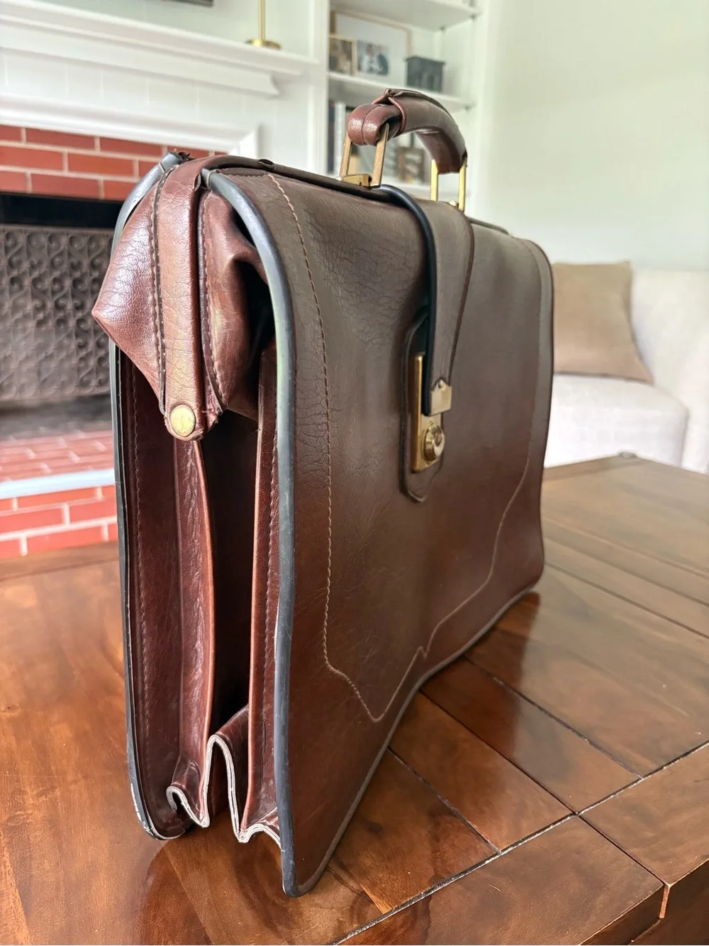Vintage brown leather expandable briefcase with brass Crest Lock Co NY
